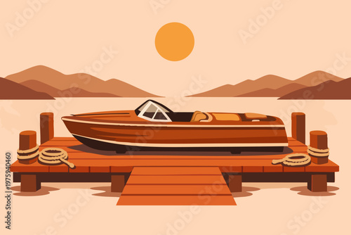 Side View Wooden Speedboat at Dock Flat Vector