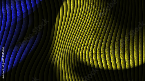 Abstract Retro black background with yellow and blue glassy striped pattern with waves, Futuristic Digital Flow Design, best for wallpapers