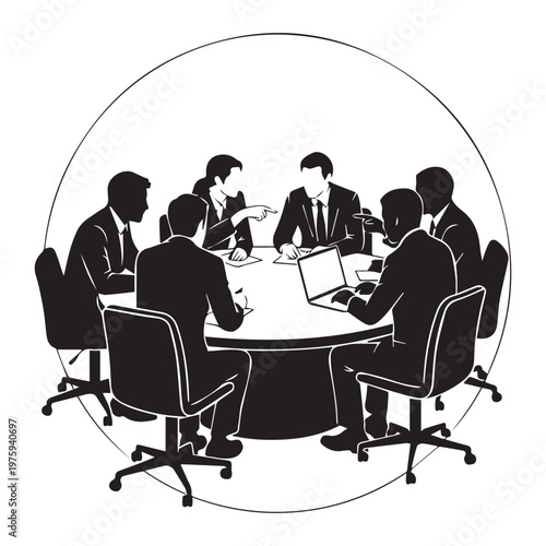 Black and white illustration of businesspeople sitting around a conference table in a circle