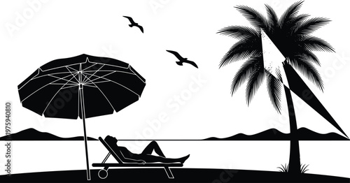 Summer beach silhouette with woman relaxing on sun lounger under umbrella palm tree and seagulls in tropical resort scene isolated on white background