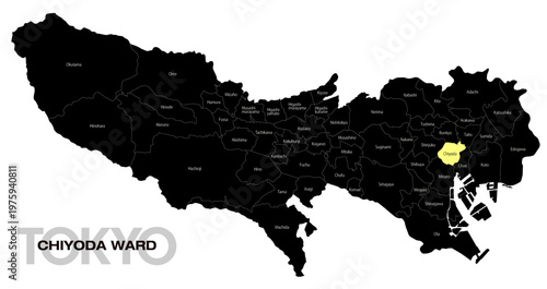 [日本地図] 東京都千代田区の市区町村名入り位置地図 (英語)