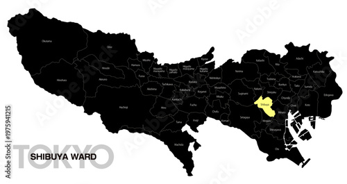 [日本地図] 東京都渋谷区の市区町村名入り位置地図 (英語)