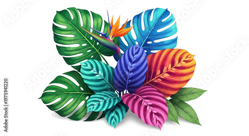 A stunning and vibrant arrangement of exotic tropical foliage and a beautiful bird of paradise flower, showcasing a rich spectrum of natural colors and botanical diversity