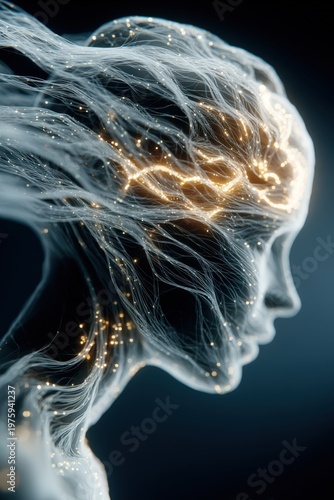 Abstract profile of a human head formed by glowing neural fibers and light particles, symbolizing artificial intelligence and digital consciousness.
