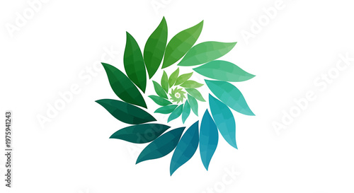 Green spiral with gradient leaves, representing growth, nature, and harmony, isolated on a white background
