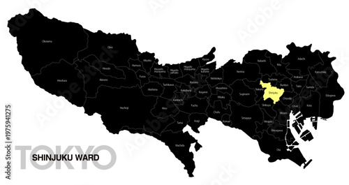 [日本地図] 東京都新宿区の市区町村名入り位置地図 (英語)