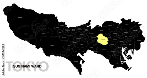 [日本地図] 東京都杉並区の市区町村名入り位置地図 (英語)