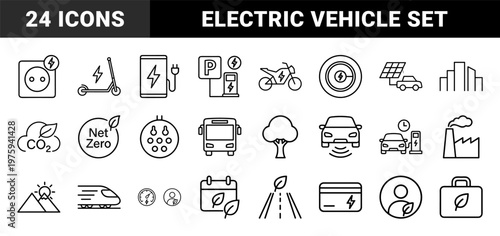 Electric vehicle and green energy minimalist thin line icon set