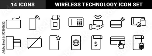 Contactless payment and nfc technology outline icons