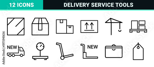 Shipping and logistics line icons featuring delivery boxes and warehouse storage symbols.