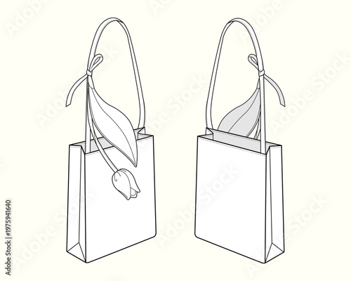 Floral Embellished Gift Tote Bag Technical Fashion Flat Sketch CAD Template