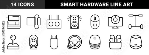 Minimalist tech gadgets and electronics line icon set