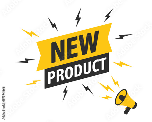 Megaphone with “New Product” speech bubble, creative flat vector artwork representing marketing, new product campaigns, discounts, and promotional communications for business design projects.