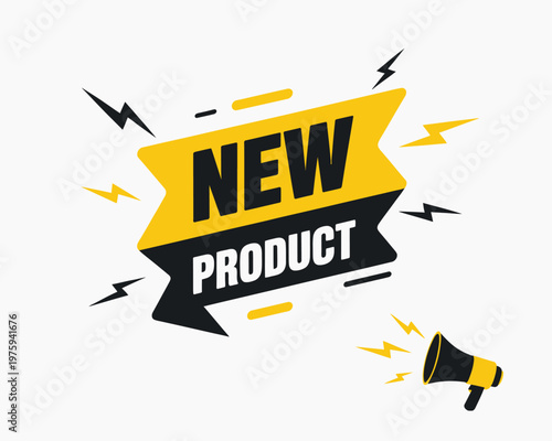 Megaphone with “New Product” speech bubble, editable vector illustration for business marketing, product launch announcements, promotions, and advertising banners.
