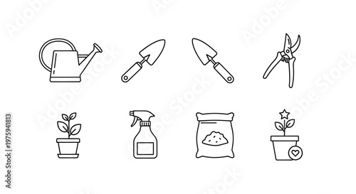 A set of line art icons depicting various gardening tools and supplies, including a watering can, trowel, pruning shears, plant pots, spray bottle, and bag of soil