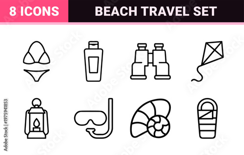 Minimalist summer travel and beach holiday outline icon set