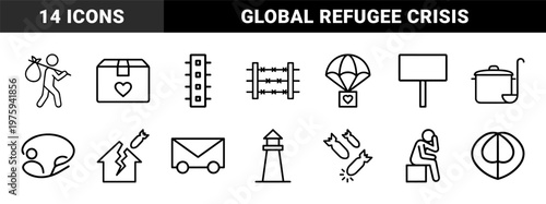 Humanitarian aid and refugee crisis minimalist line icons