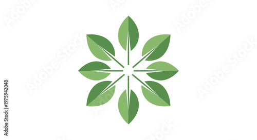 Elegant minimalist design showcasing a vibrant green leaf pattern arranged in a symmetrical star-like formation, symbolizing growth, nature, and organic harmony