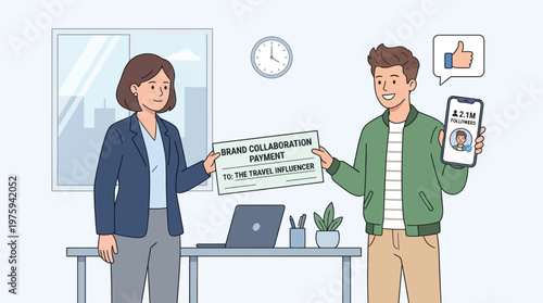 Brand Collaboration Payment Handover to Social Media Influencer in Modern Office Flat Illustration