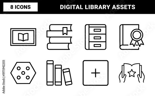 Education and digital library minimalist line icon set