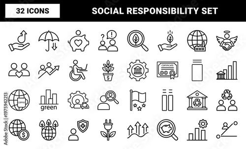 Esg and sustainability linear icon set in grid layout on white background.