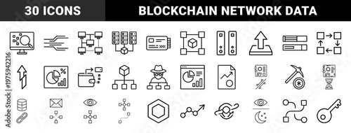 Cryptocurrency and blockchain network icon collection in minimalist black outline style.