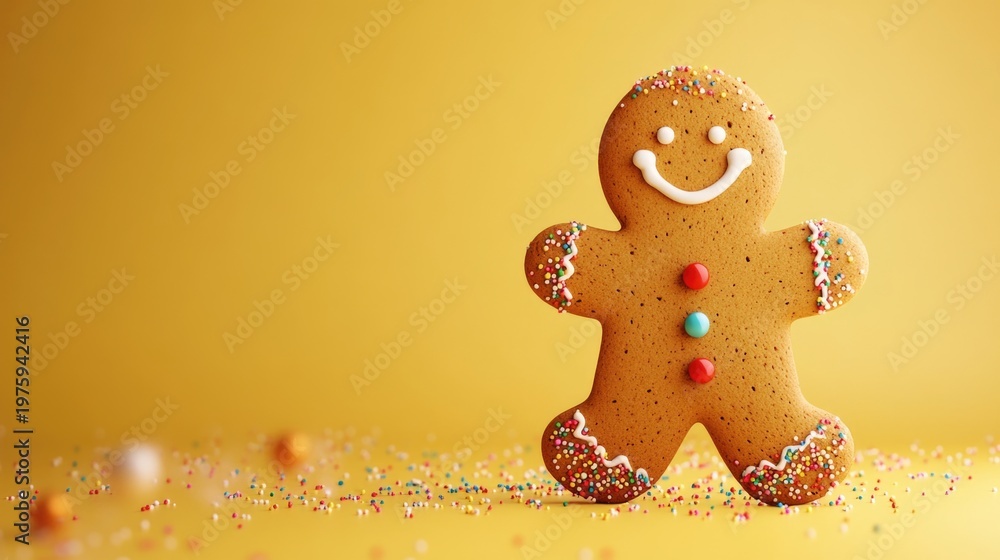 Fototapeta premium Gingerbread cookie on yellow backdrop