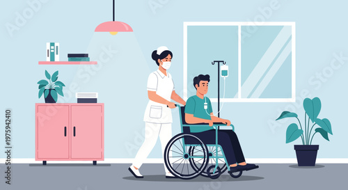 Nurse pushing a patient in a wheelchair through a modern hospital room with medical equipment and plants