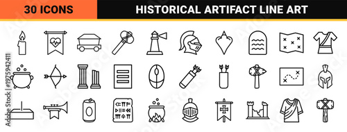 Medieval history and fantasy thin line icon set