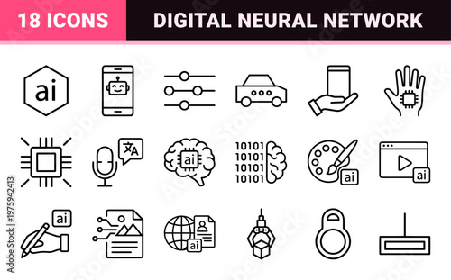 Artificial intelligence and machine learning minimalist outline icon set