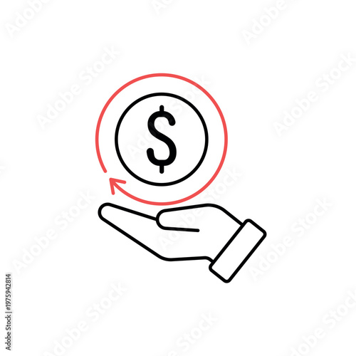 icon an roi with hand holding dollar coin and circular refresh arrow, isolated against a clean background.