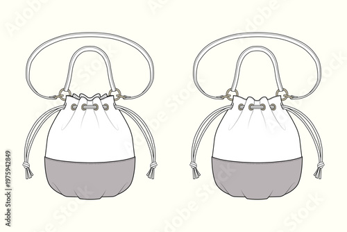 Cinch and Carry Dual-Tone Bucket Bag Technical Fashion Flat Sketch CAD