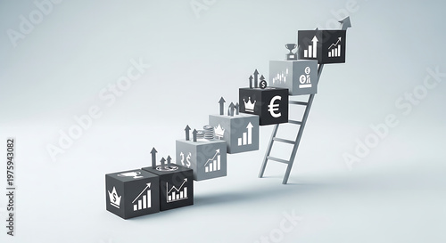 A staircase of blocks with financial symbols leading to success