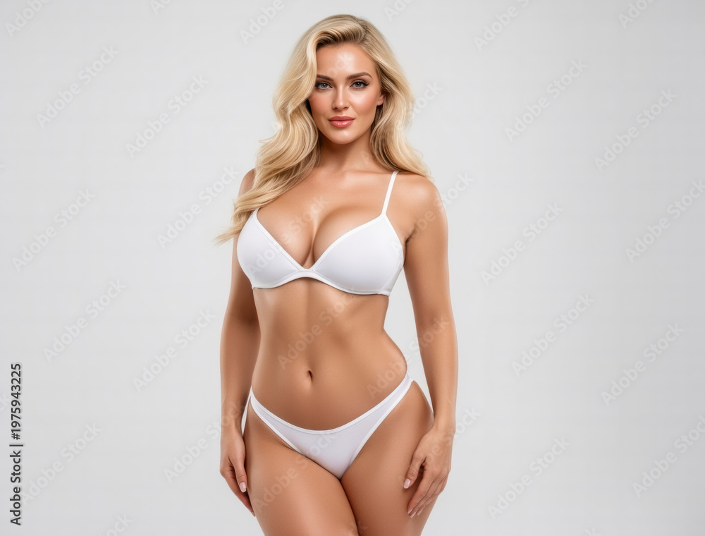 Naklejka premium Elegant Portrait of a Confident Blonde Woman in White Lingerie Embodying Feminine Beauty, Physical Wellness, Fitness, and Sophisticated Style in Studio Setting