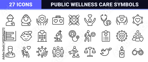 Community healthcare and social medicine line icon set