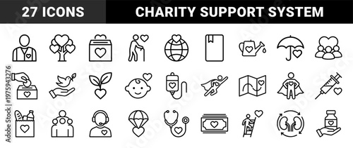 Charity and volunteering outline icon set for community and non-profit help