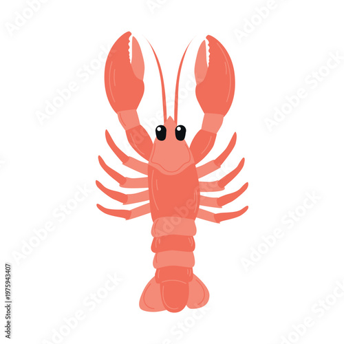 Cartoon illustration of a vibrant red lobster with large claws and expressive eyes, set against a plain white background for clear visibility and design use