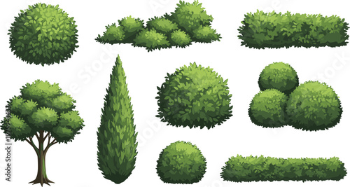 Set of Nine Realistic Garden Shrubs and Green Bushes Featuring Various Topiary Shapes and Hedges for Landscape and Environmental DesignSet of Nine Realistic Garden Shrubs and Green Bushes Featuring Va