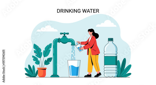 Illustration of a woman filling a glass with water from a faucet with plants and a bottle nearby in a colorful scene.