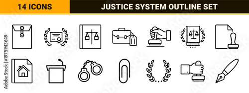 Legal and justice minimalist outline icons with scales and documents