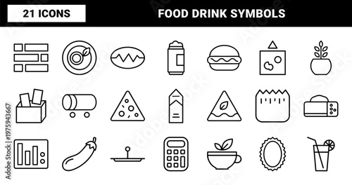Culinary and beverage line icon set for restaurant menu and grocery delivery apps.