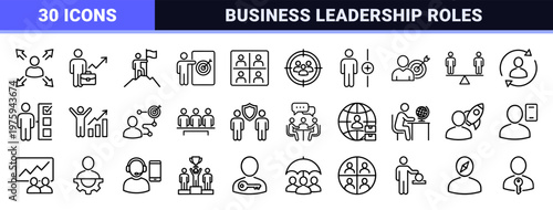 Business management and leadership thin line icon set