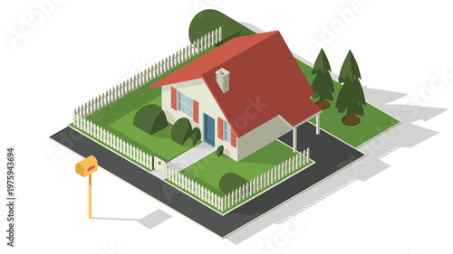 Modern suburban house with red roof, driveway, trees, mailbox, and white fence, vector illustration depicting peaceful family living, residential comfort, and home lifestyle design projects.