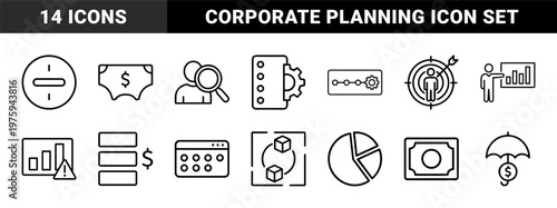 Minimalist project management and business strategy line icons set