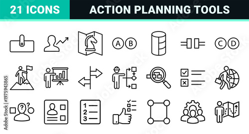Minimalist business action plan and strategy outline icons set