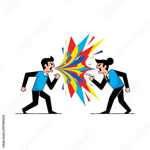 Business Conflict: Two People Arguing with Colorful Explosions of Words