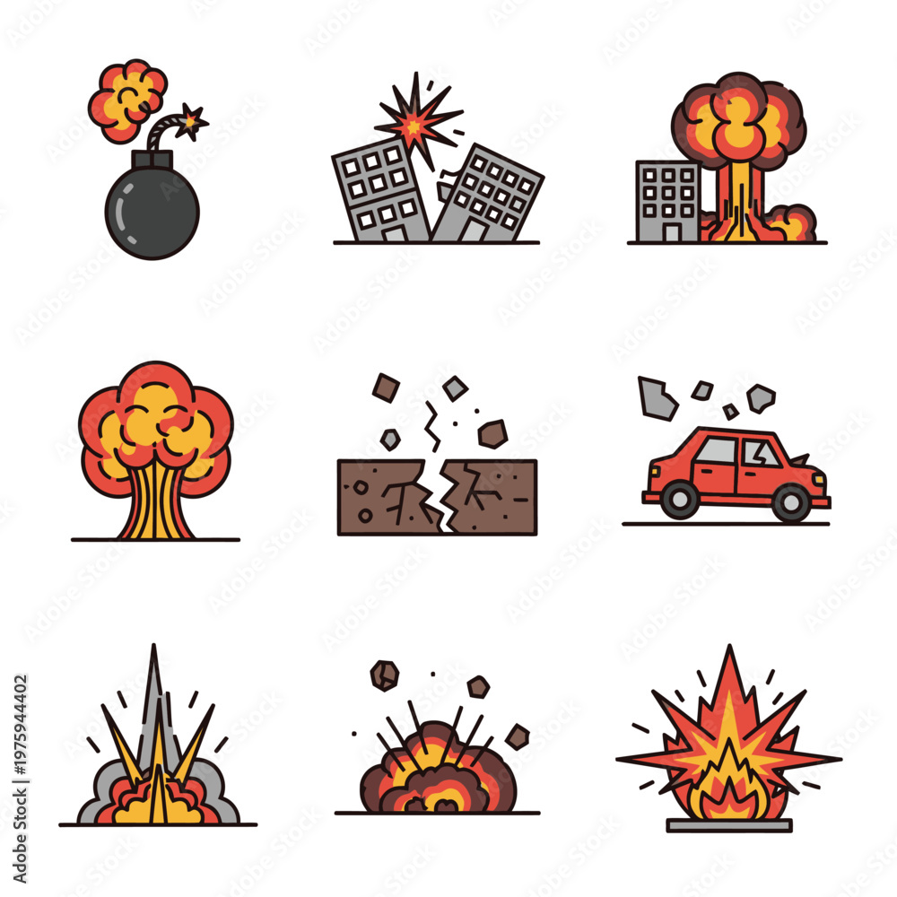 Fototapeta premium Explosion Icon Set: Bomb, Car, Building Destruction, and Atomic Blast Symbols