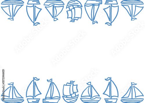 Horizontal nautical frame with boats and ships forming top and bottom borders.