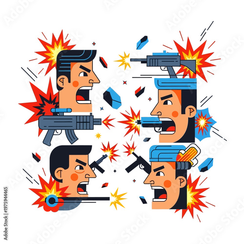 Cartoon Battle: Four Men in Fierce Gunfight with Explosions and Debris