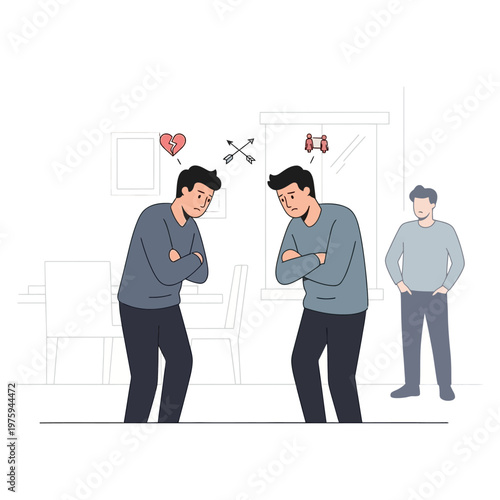 Conflict Between Two Men, Broken Heart Symbol, Third Person Observing